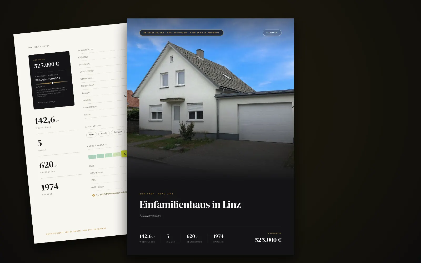Exposé des Beispielobjekts in Linz: Titelseite mit Foto, Titel und Kaufpreis, dahinter zwei weitere Seiten